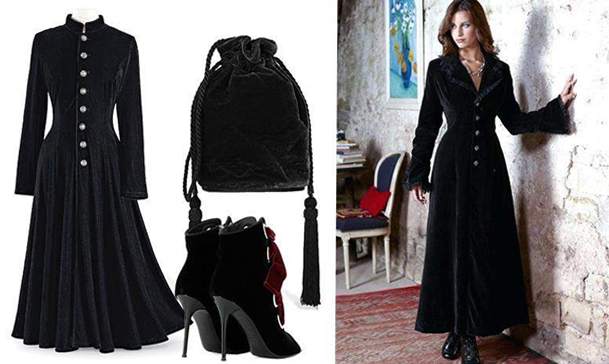 Дългото черно кадифено палто е избор, който излъчва лукс и елегантност. Може да го носите като рокля или върху роклята за безупречен стил.
